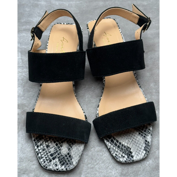 Avellini Black Suede Snake Print Block Heel Sandals Womens Size 7 Made In Italy - Picture 2 of 8